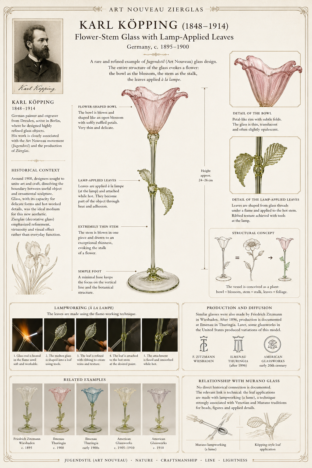 Sehr schlankes florales Jugendstilglas mit dünnem Stiel und flammengearbeiteten Blättern nach Karl Köpping